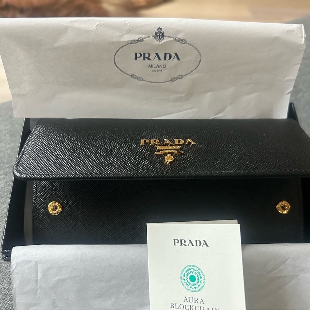 Prada Black Saffiano Leather Continental Wallet with Gold Logo